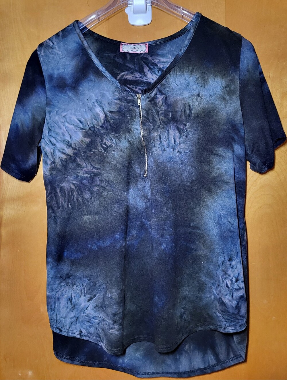 Y2K Short Sleeve Zip Front Tie-Dye Top - Blue/Black
